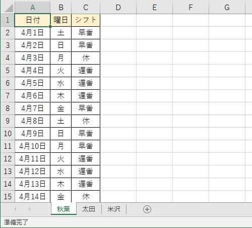 複数のシートにデータが入力されたファイルを開きます