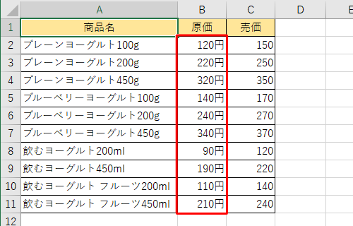 表内の数値に単位が付いたことを確認してください