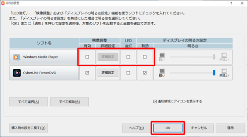 「Windows Media Player」の項目にあるチェックをすべて外して、「OK」をクリックします