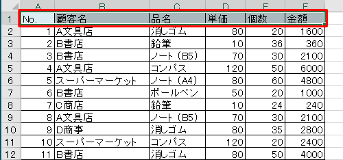 表の見出し行をドラッグして選択します