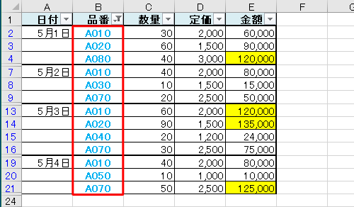 「品番」の列のフォントが水色の行だけが抽出されます