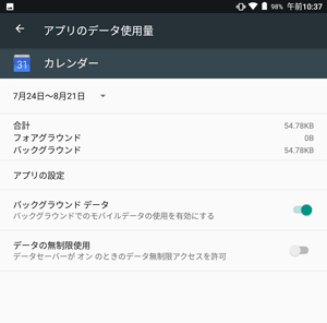 アプリが使用しているデータ量が表示されます