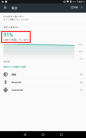 タブレットを充電中の場合は、バッテリの残量（％）のあとに「USBで充電しています」と表示されます