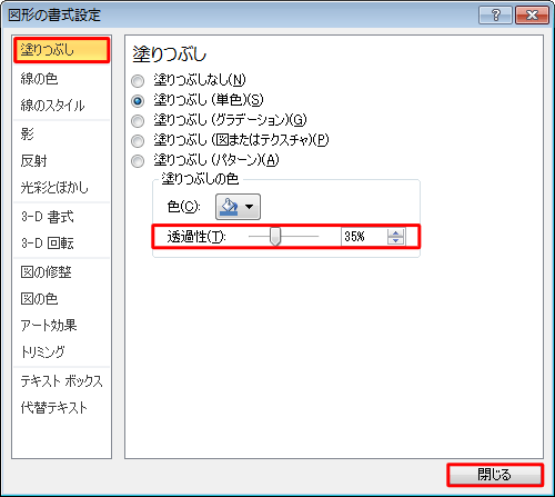 「塗りつぶし」をクリックし、「透過性」を任意の値に設定して、「閉じる」をクリックします