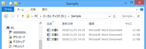 種類が「ドキュメント」のフォルダーを「詳細」の表示形式で開いている状態
