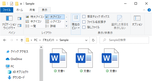種類が「ドキュメント」のフォルダーを「大アイコン」の表示形式で開いている状態（一例）