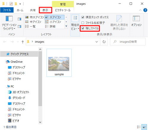 隠したファイルを再び表示させたい場合は、「表示」タブをクリックし、「隠しファイル」をクリックしてチェックを入れると表示されます