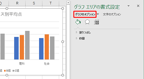 書式を変更したい箇所に応じて、「グラフのオプション」または「文字のオプション」をクリックします