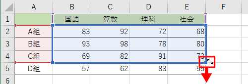 枠線の右下の「■」にマウスポインターを合わせて、追加したい行までドラッグします