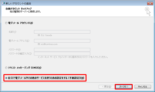 「自分で電子メールやその他のサービスを使うための設定をする」をクリックし、「次へ」をクリックします