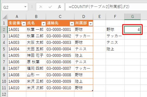 セルに数式が入力され、条件に合うデータの個数が表示されたことを確認してください