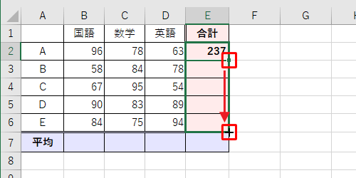入力したセルをクリックし、マウスをクリックしたまま連続してコピーしたいセルまでドラッグします