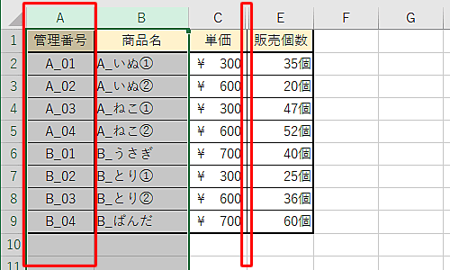 D列は非表示のまま、A列だけが再表示できたことを確認してください