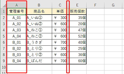 D列は非表示のまま、A列だけが再表示できたことを確認してください
