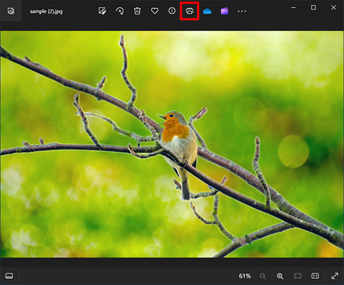 「フォト」を起動し、印刷したい写真を表示して、画面上部の「アイコン」（印刷）をクリックします