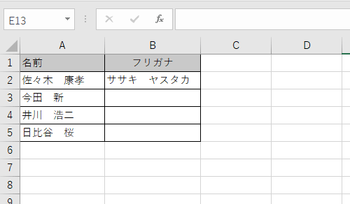 セル「A2」のふりがなが、セル「B2」に表示されたことを確認してください