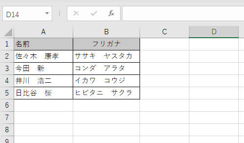 セル「B2」を、下のセルにコピーすると、同様にふりがなが表示されます