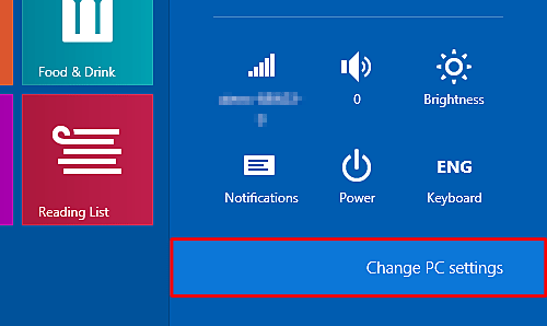 「Change PC settings」をクリックします