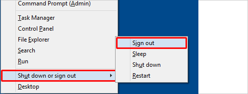 「Windows」キーを押しながら「X」キーを押し、表示された一覧から「Shut down or sign out」にマウスポインターを合わせて、「Sign out」をクリックします