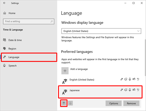 画面左側から「Language」をクリックし、「Preferred languages」欄の「Japanese」をクリックして「アイコン」（Up）をクリックし、「Japanese」と表示されている言語を一番上に移動させます