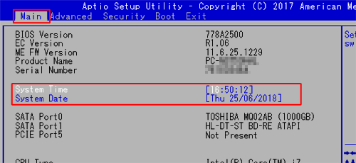 画面左上の「Main（メイン）」タブをキーボードの矢印キー（←、→）を使用して選択し、矢印キー（↑、↓）を使用して「System Time（システム時刻）」または「System Date（システム日付）」を選択します