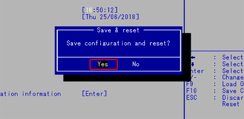 「Save configuration and reset?（設定の変更を保存して終了しますか？）」というメッセージが表示されるので、「Yes（はい）」を選択して、「Enter」キーを押します