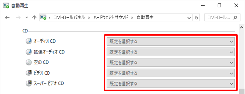 「自動再生」の各項目は、初期の状態では以下のように設定されています