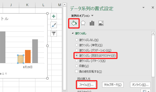「塗りつぶしと線」をクリックし、「塗りつぶし」欄から「塗りつぶし（図またはテクスチャ）」をクリックして、「ファイル」をクリックします
