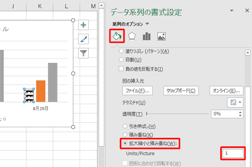 「データ系列の書式設定」に戻ったら、「塗りつぶし」欄の「拡大縮小と積み重ね」をクリックし、「Units/Picture」ボックスに「1」と入力します