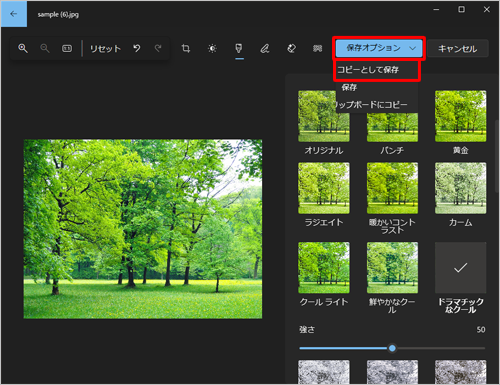編集が完了したら、画面上部の「保存オプション」をクリックし、表示された一覧から「コピーとして保存」をクリックします