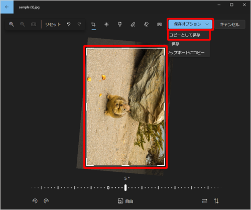 画面のプレビューに編集内容が反映されていることを確認し、画面上部の「保存オプション」をクリックして、表示された一覧から「コピーとして保存」をクリックします