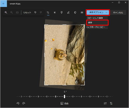 元の写真に上書き保存する場合は、「保存オプション」をクリックし、表示された一覧から「保存」をクリックします