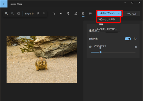 修正が完了したら、画面上部の「保存オプション」をクリックし、表示された一覧から「コピーとして保存」をクリックします