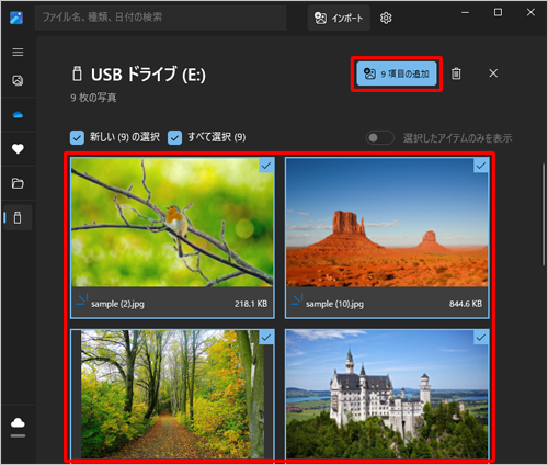 取り込みたい写真をクリックしてチェックを入れ、画面右上の「X項目の追加」をクリックします