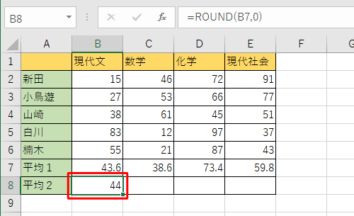 セルB8にセルB7の値を四捨五入した値が表示されます