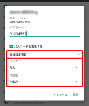 「詳細設定項目」をタップすると、ワイヤレスネットワークの詳細設定の確認や変更ができます
