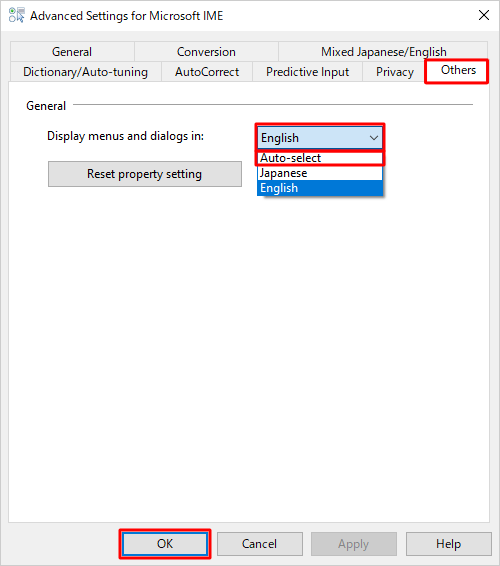 「Others」タブをクリックし、「Display menus and dialogs in:」ボックスから「Auto-select」をクリックし、「OK」をクリックします