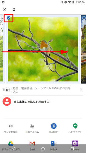 画像部分を左右にスワイプし、画像の左上の「○」をタップして青のチェックマークを付けることで、一度に複数枚の画像を送信することができます