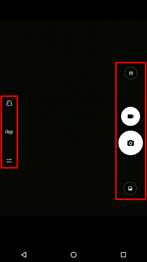 画面左右のアイコンから、カメラの前面背面切り替えや、HDR撮影などを設定できます