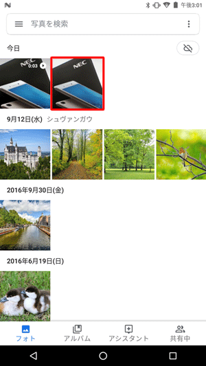 動画のマークが表示されていないサムネイルをタップし、写真を表示します