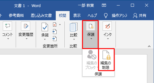 縮小したアイコン表示になっている場合は、「保護」をクリックし、「保護の制限」をクリックします