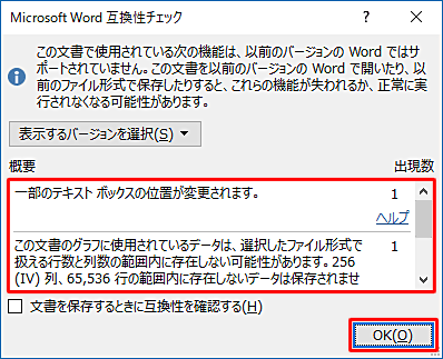 問題がある場合は「概要」欄に表示されるため、内容を確認して「OK」をクリックします