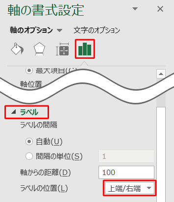 「ラベル」をクリックして、表示された「ラベルの位置」ボックスから「上端/右端」をクリックします