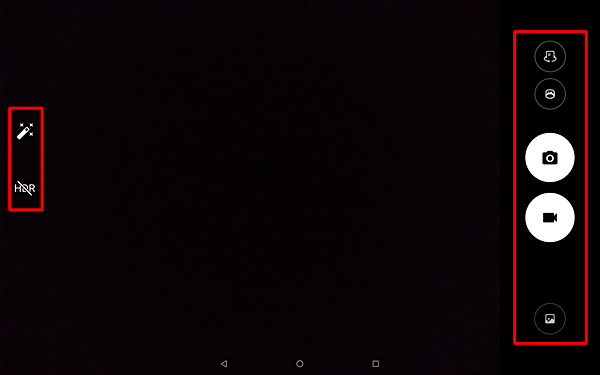 画面左右のアイコンから、撮影時の効果やカメラの前面背面切り替えなどを設定できます