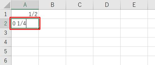 セルA2に半角文字で「0」、スペース、分数の順番に入力して「Enter」キーを押します