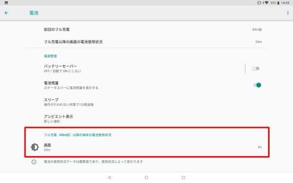 アプリ以外の電池使用状況が表示された状態