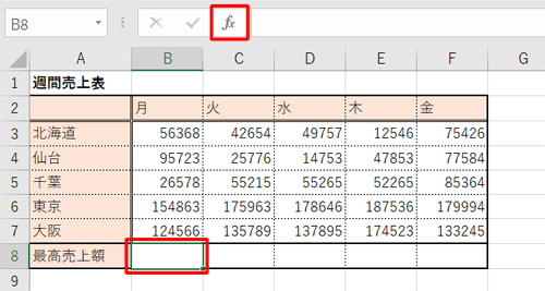 最大値を表示したいセルの場所をクリックし、「関数の挿入」アイコンをクリックします