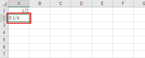 セルA2に半角文字で「0」、スペース、分数の順番に入力して「Enter」キーを押します