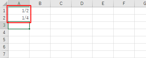 セルA1とA2に、半角文字で分数を入力します