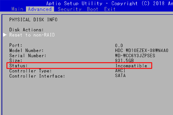 HDDのステータスが「Incompatible」の場合